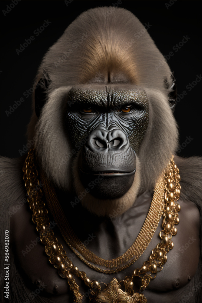 front facing studio photograph of a beautiful majestic Gorilla monkey wearing a gold chains