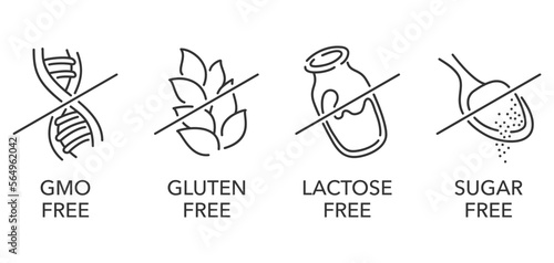 Lactose, Gluten, GMO, Sugar free thin pictograms