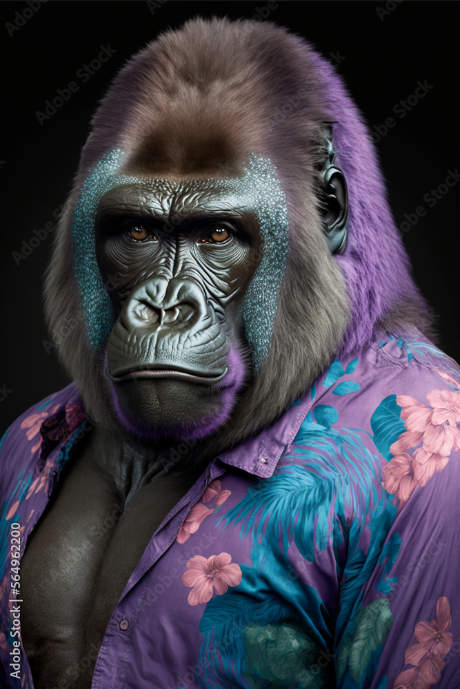 front facing studio photograph of a beautiful majestic Gorilla monkey wearing a vaporwave front facing studio photograph of a beautiful majestic Gorilla monkey wearing a vaporwave