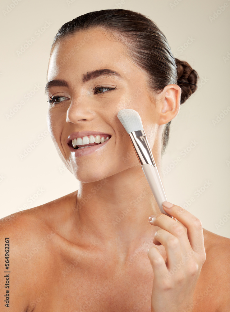 Brush for makeup, face and happy with woman, beauty and skincare with cosmetic tools isolated on studio background. Happiness, glow and cosmetics, healthy skin and wellness with microblading