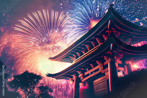Fireworks in the sky, festival Japanese architecture