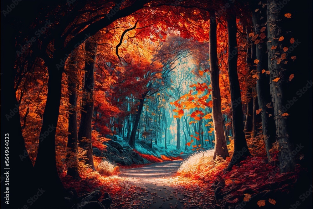 a painting of a path in a forest with trees and leaves on the ground and a path leading to the center of the picture is a bright blue sky. generative ai a painting of a path in a forest with trees and leaves on the ground and a path leading to the center of the picture is a bright blue sky. generative ai