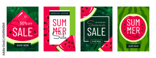 Sale discount watermelon shopping promo card landing page set vector isometric illustration