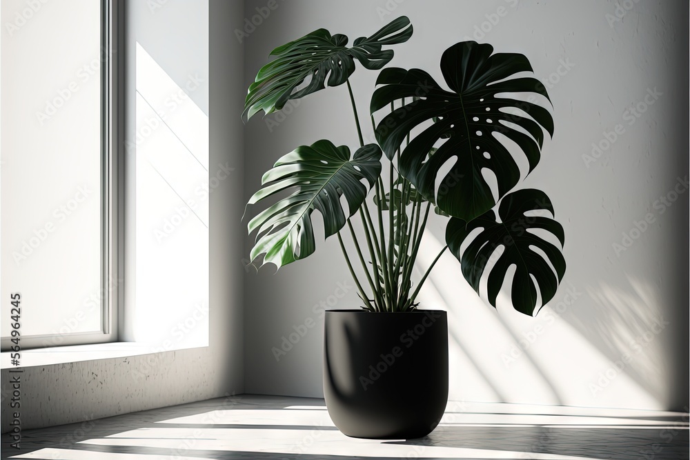  a plant in a black pot on a window sill in a room with a white wall and a window sill with a light coming through the window.  generative ai