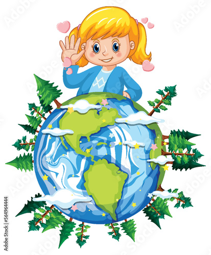 Cute girl on earth planet cartoon