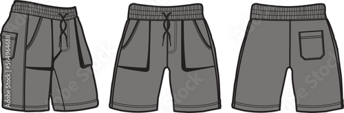 short fashion flat sketch template, Bermuda Shorts Template, Vector Illustration of pant, Men's fashion shorts front and back view