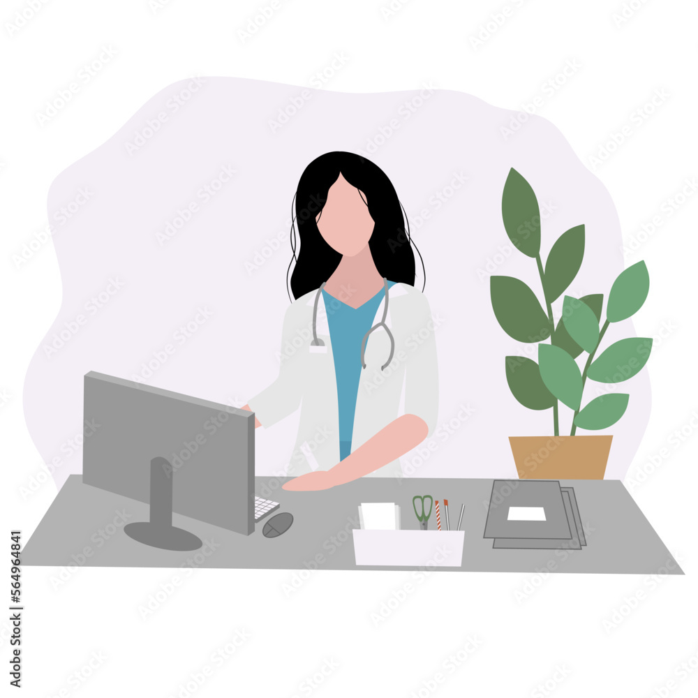 The doctor in his office at the computer conducts an online consultation. Medicine during self-isolation