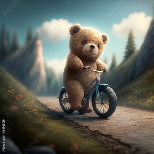 Cute teddy bear riding bike down the hill  on sunny day © ImageryVault