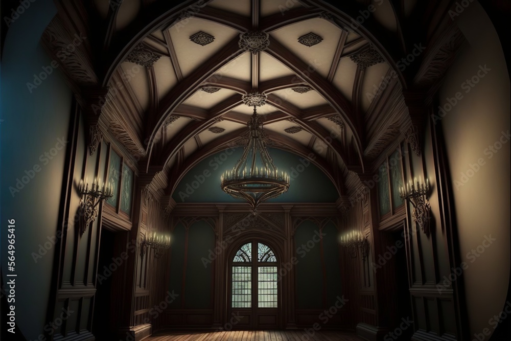 Dark victorian and rustic style wooden ceiling with beams and inlay ...