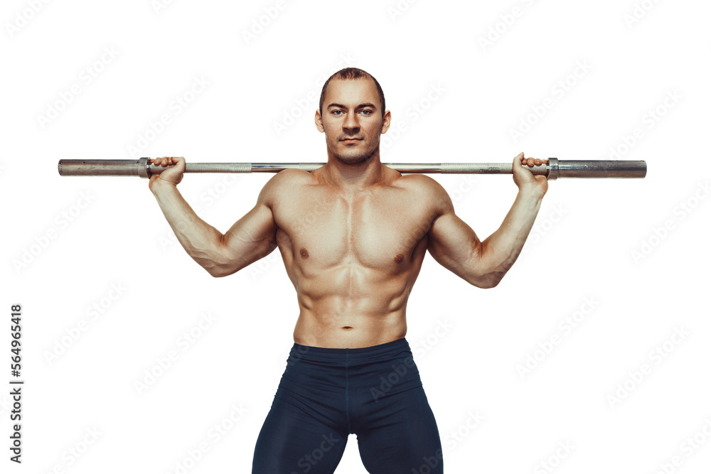 Muscular bodybuilder man doing exercises with barbell over white background. Copy Space Muscular bodybuilder man doing exercises with barbell over white background. Copy Space