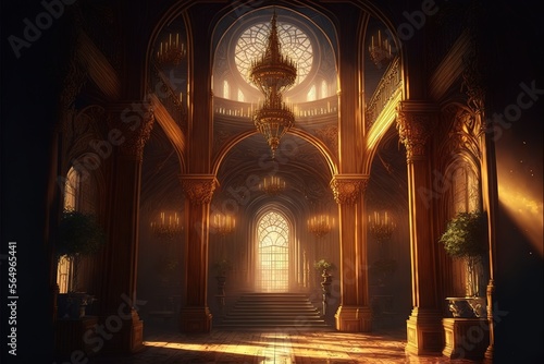 A realistic fantasy interior of the palace. golden palace. castle interior. Fiction Backdrop. concept art. Generative AI