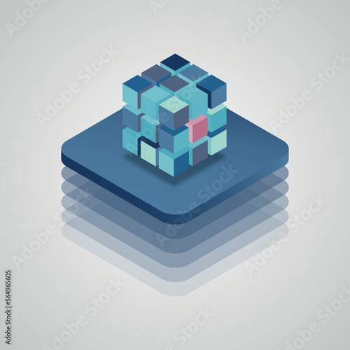 3d effect of little blue and pink cubes creating rubicon cube floating above 3d blue surface on a light grey background photo