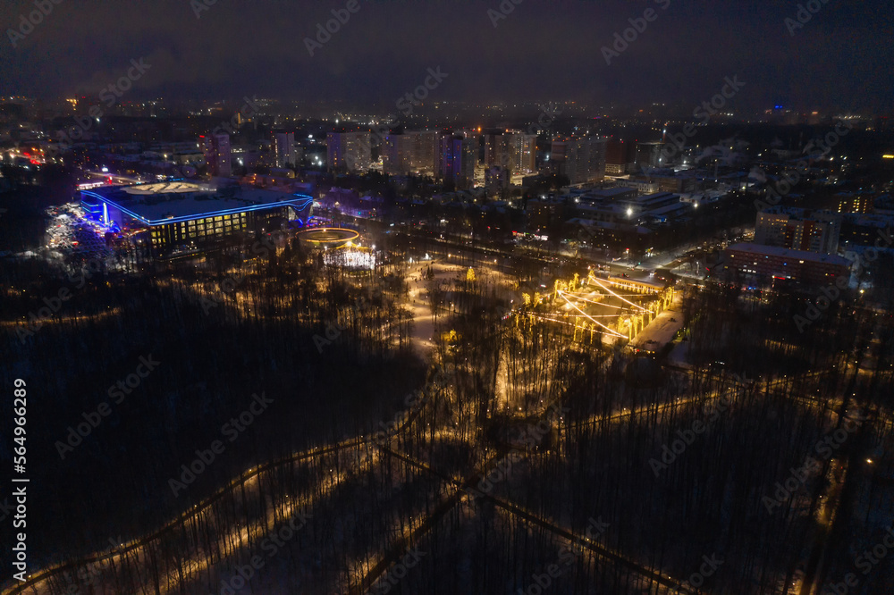 Nizhny Novgorod in winter. Switzerland Park at night. Aerial view.
