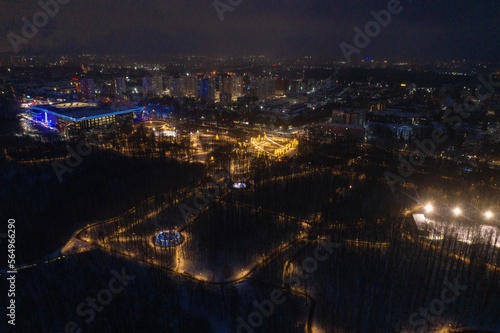 Nizhny Novgorod in winter. Switzerland Park at night. Aerial view.