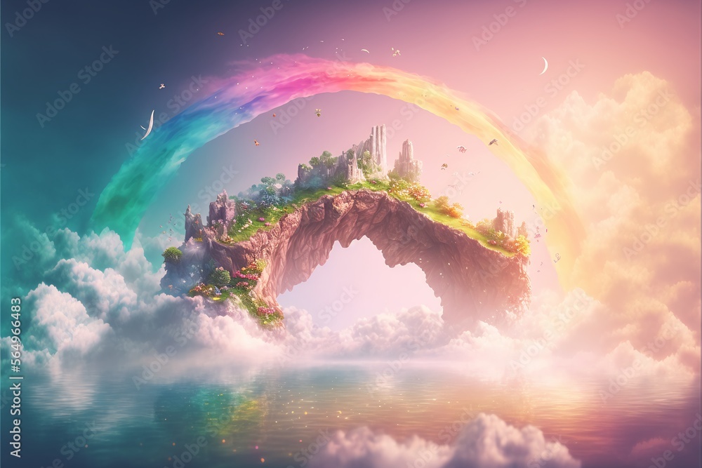 Fantasy island with Rainbow. Generative AI. - obrazy, fototapety, plakaty 