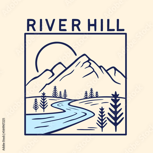 vector illustration stream of river with boulders, mountains and pine trees. Simple hand drawn line art sketch for T-Shirt, poster, logo template.