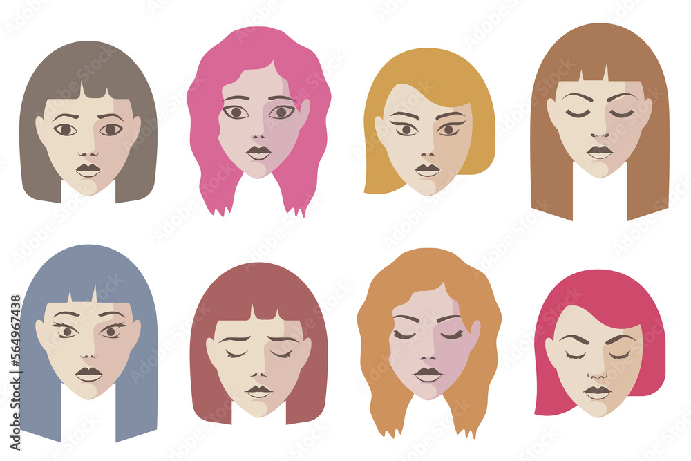 Girl faces flat vector illustrations. Digital portrait illustrations. Minimal simple designs, with different colored and style hair. Girl faces flat vector illustrations. Digital portrait illustrations. Minimal simple designs, with different colored and style hair.