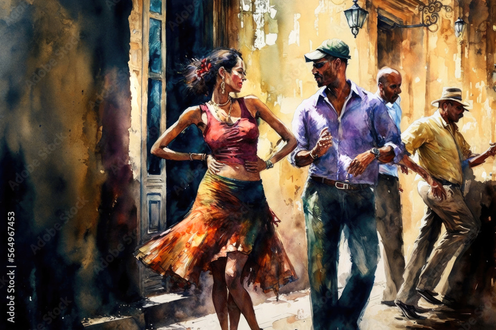 Couple of cuban dancers dancing salsa or rumba cubana on the street. AI generative illustration. - obrazy, fototapety, plakaty 
