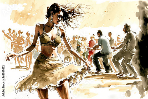 Female latino dancer on a street festival with people dancing. AI generative illustration.