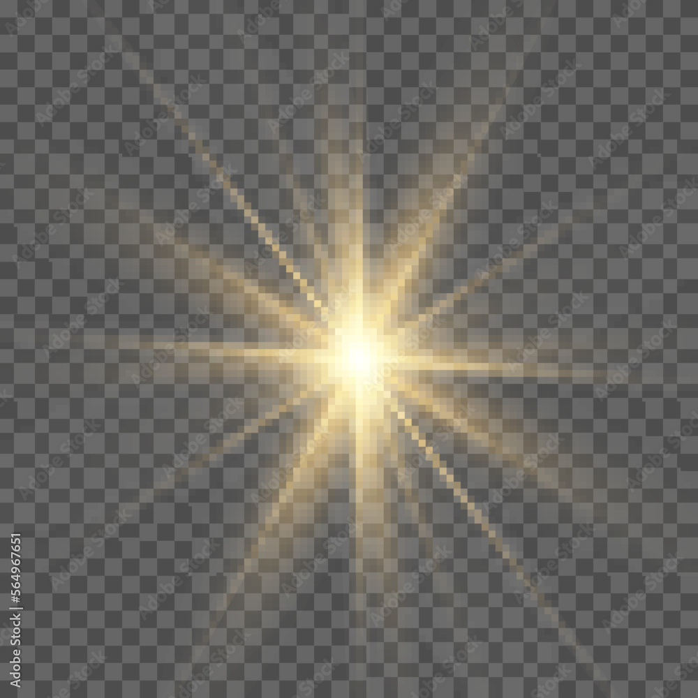 Yellow glowing light burst on a transparent background, the star burst with brilliance, glow bright star, yellow sun rays