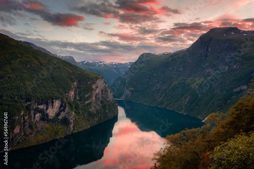 Sunset over the Geirangerfjord and the Seven Sisters Waterfall,  Norway © Stefano Zaccaria