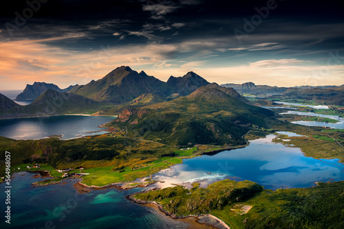 Beautiful landscape of the Lofoten Islands at sunset from Offersoykammen trail, Norway