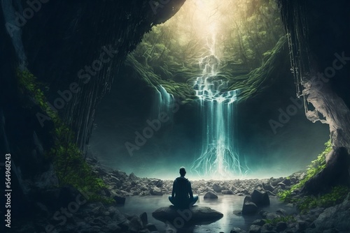 Meditation in waterfall cave with peaceful mind © ly