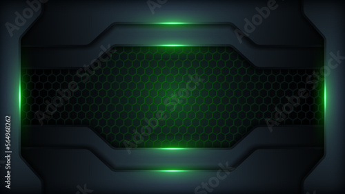 Hexagonal background with green neon light. Honeycomb, bees hive cells pattern.