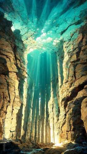 Exit of a cave underwater with natural sunbeams Mediterranean illustration Generative AI Content by Midjourney