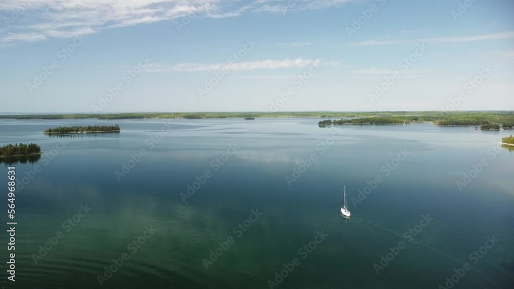 Calm Summer Morning Water Sailboat, Aerial View, Hessel, Michigan Calm Summer Morning Water Sailboat, Aerial View, Hessel, Michigan