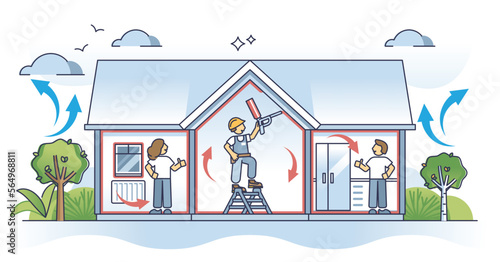 Air sealing and home insulation with foam to save energy outline concept. Waste and ineffective warmth saving job with professional building hot air leakage vector illustration. Effective heating.