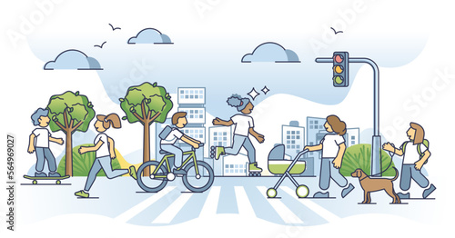 Active transportation with healthy activity for mobility outline concept. Nature friendly and sustainable city lifestyle without car and emissions vector illustration. Urban ride with bicycle or walk photo