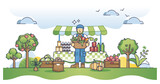 Farmers marker and local food offer direct from grower outline concept. Fresh, green and ecological grocery products from domestic eco supplier vector illustration. Outdoor bazaar and shop kiosk.