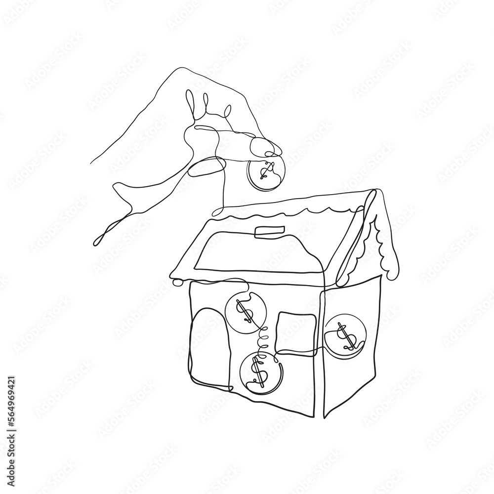 continuous line drawing put money on house piggy bank illustration continuous line drawing put money on house piggy bank illustration