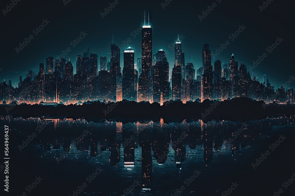 a city skyline with a lake in front of it at night time with lights ...