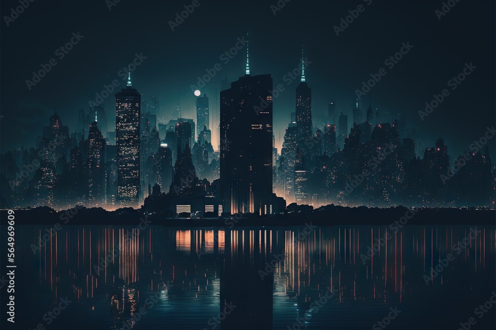  a city skyline with a lake in front of it at night time with lights reflecting off the water and buildings in the background with a dark sky.  generative ai