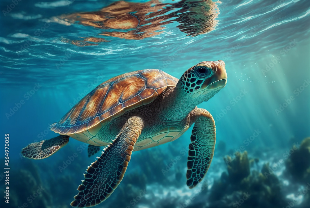 Fototapeta premium Turtle swimming in the sea water. Blue ocean. Generative AI