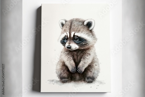  a raccoon is sitting on a white wall with a black and white background and a white frame around it  with a black and white border.  generative ai