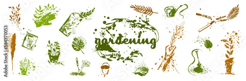 Gardening - Flower and gardening elements - extensive icon collection of outline symbols and vector illustrations. Grasses and plants with hatching and paint splashes. With leaves and organic shapes.