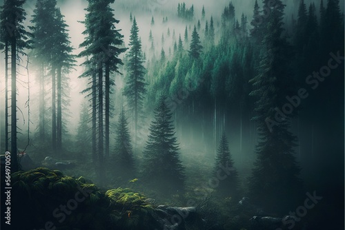  a forest filled with lots of tall trees covered in fog and mist with a forest scene in the background with a full moon in the sky.  generative ai