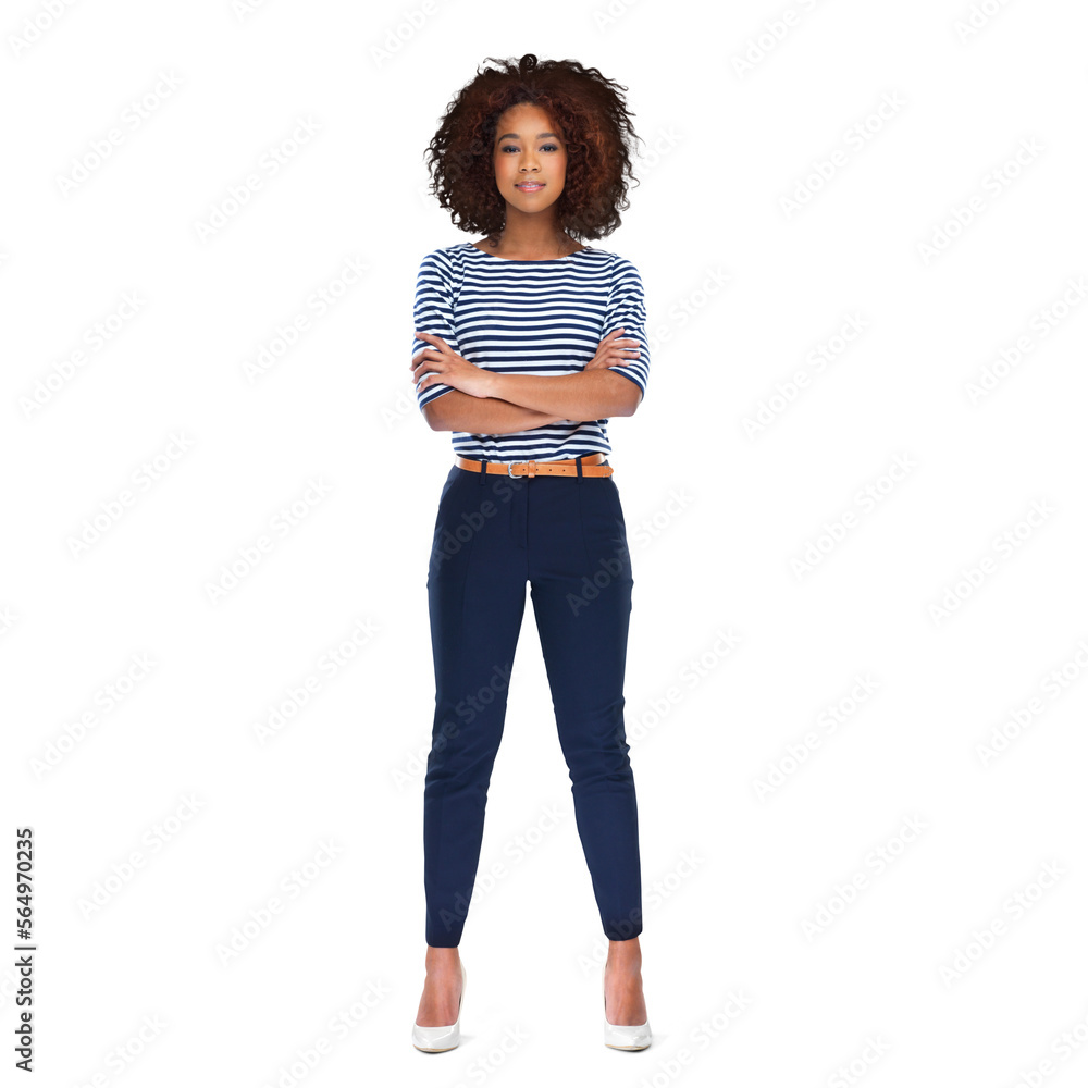 A beautiful young african woman standing with her hands crossed isolated on a PNG background. A beautiful young african woman standing with her hands crossed isolated on a PNG background.