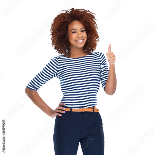 An attractive young african woman standing with her thums up gesture in a copy space isolated on a PNG background. photo