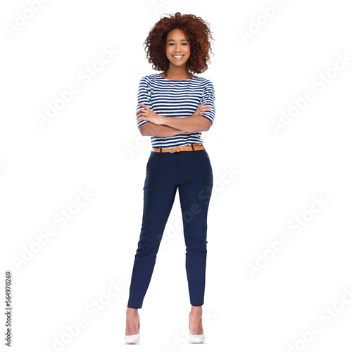 A beautiful young african woman standing with her hands crossed and legs apart isolated on a PNG background. photo