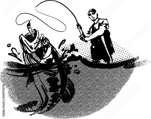  fisherman with a fishing rod and bass fish