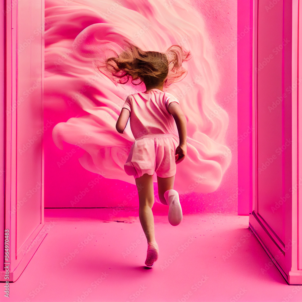 girls running in pink room. backside girls running in pink room. backside