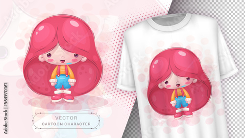 Cartoon character adorable pink girl, hand drawn style kids illustration