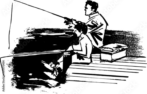 vector sketch father and son doing fishing