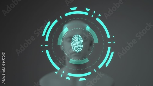 Fingerprint being scanned in front of human face with HUD. User going throug KYC, identity verification photo