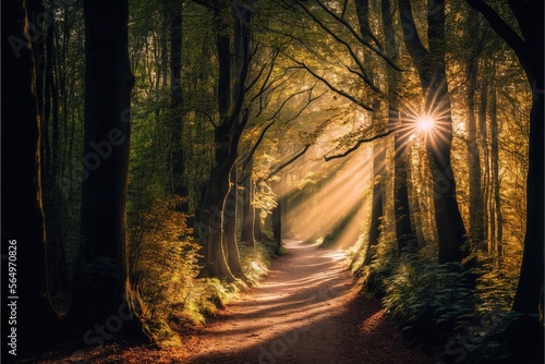  a path in the woods with sun shining through the trees and leaves on the ground and the path is surrounded by tall trees and leaves. generative ai