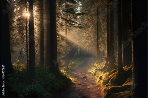  a path in the woods with a light shining through the trees on the side of it and a trail leading to the woods with a trail in the distance. generative ai